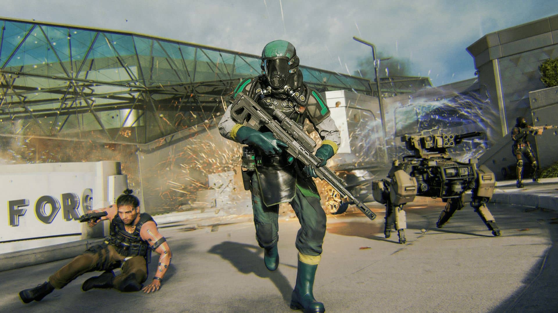 Armed soldier patrolling a ruined city in Call of Duty