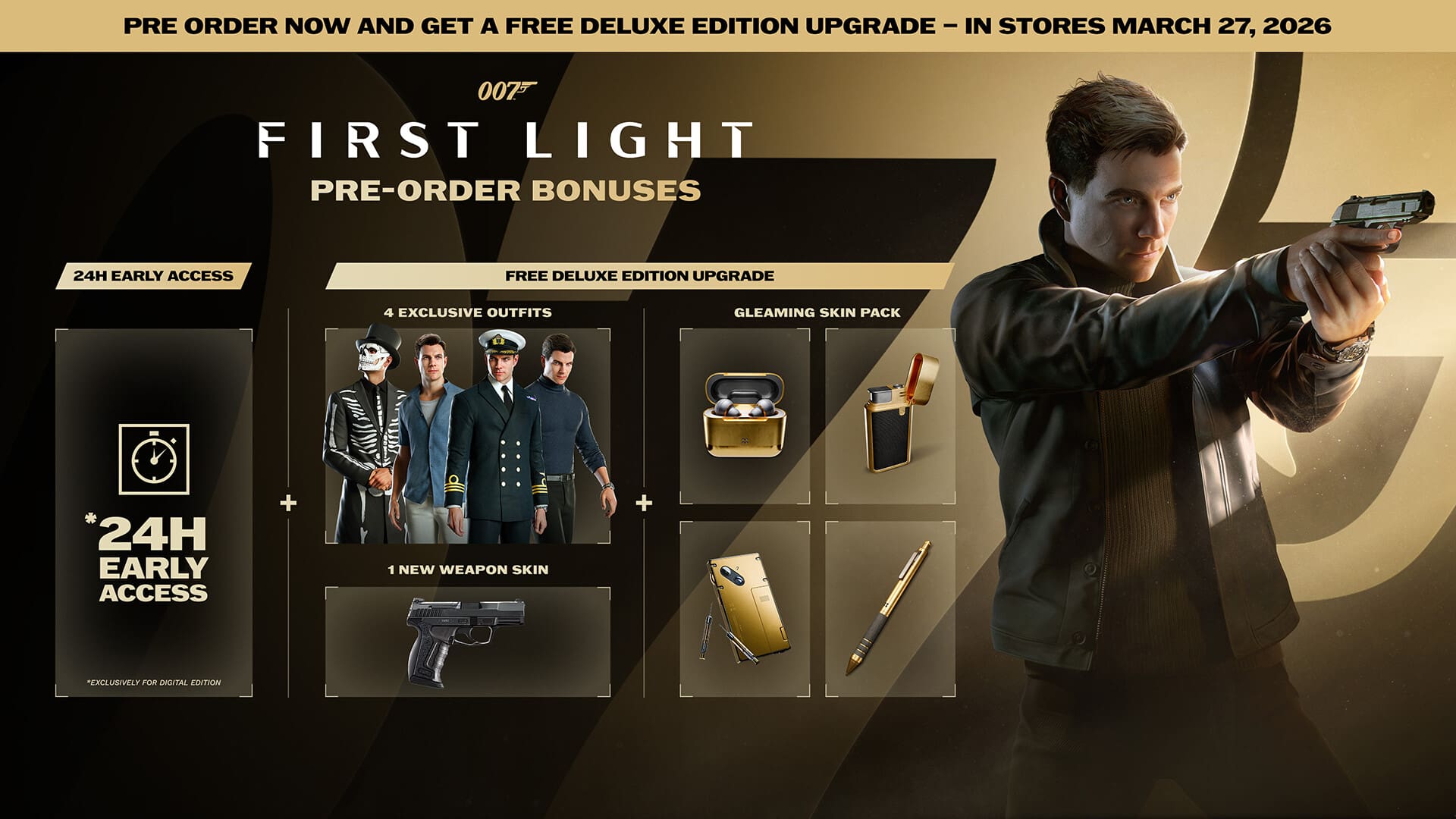 Bond aiming a pistol next to pre-order rewards display