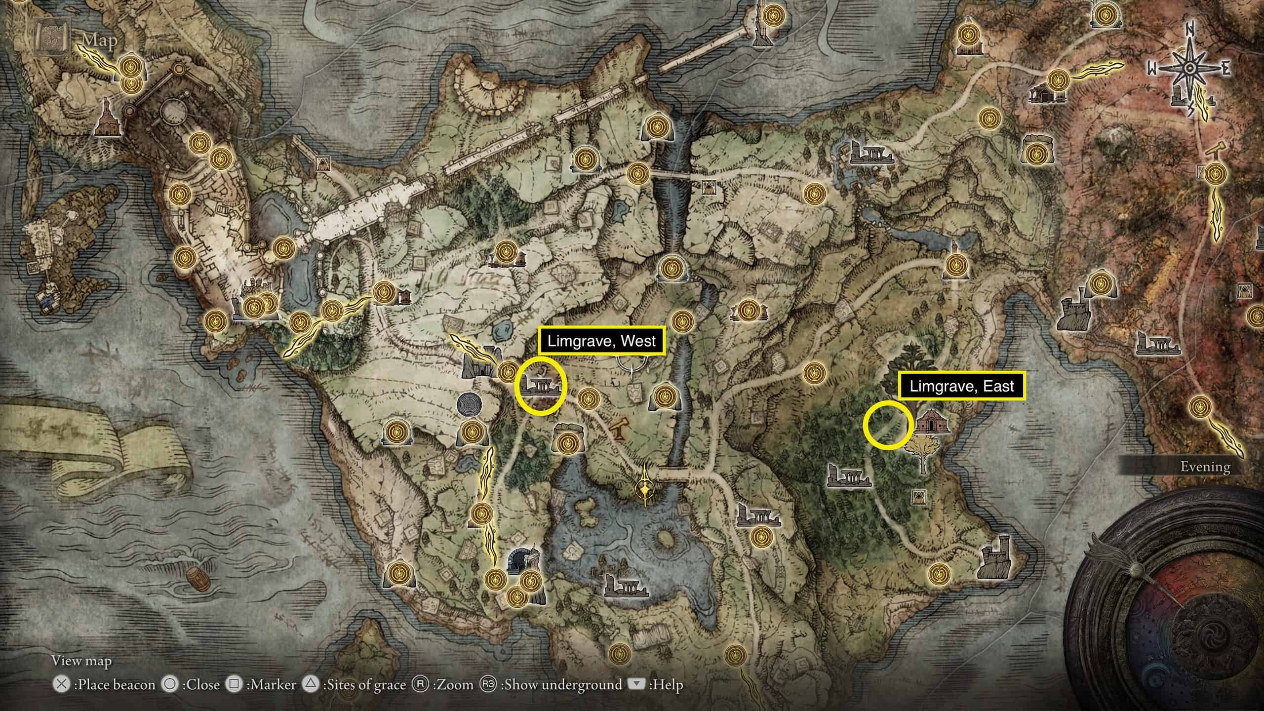 Elden Ring Map fragment: Location of the map fragments with markers and two areas circled, labeled Limgrave, West and Limgrave, East.