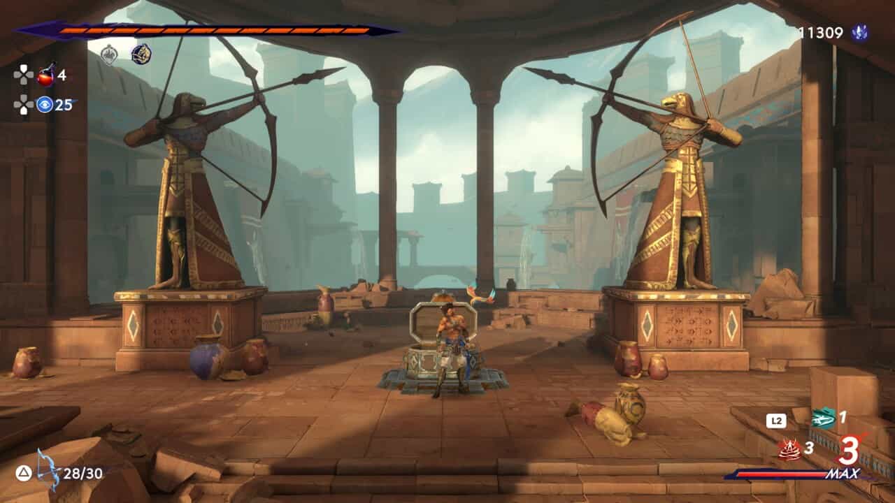 A screenshot of a video game featuring statues and archers as part of the Prince of Persia The Lost Crown Architect puzzle.