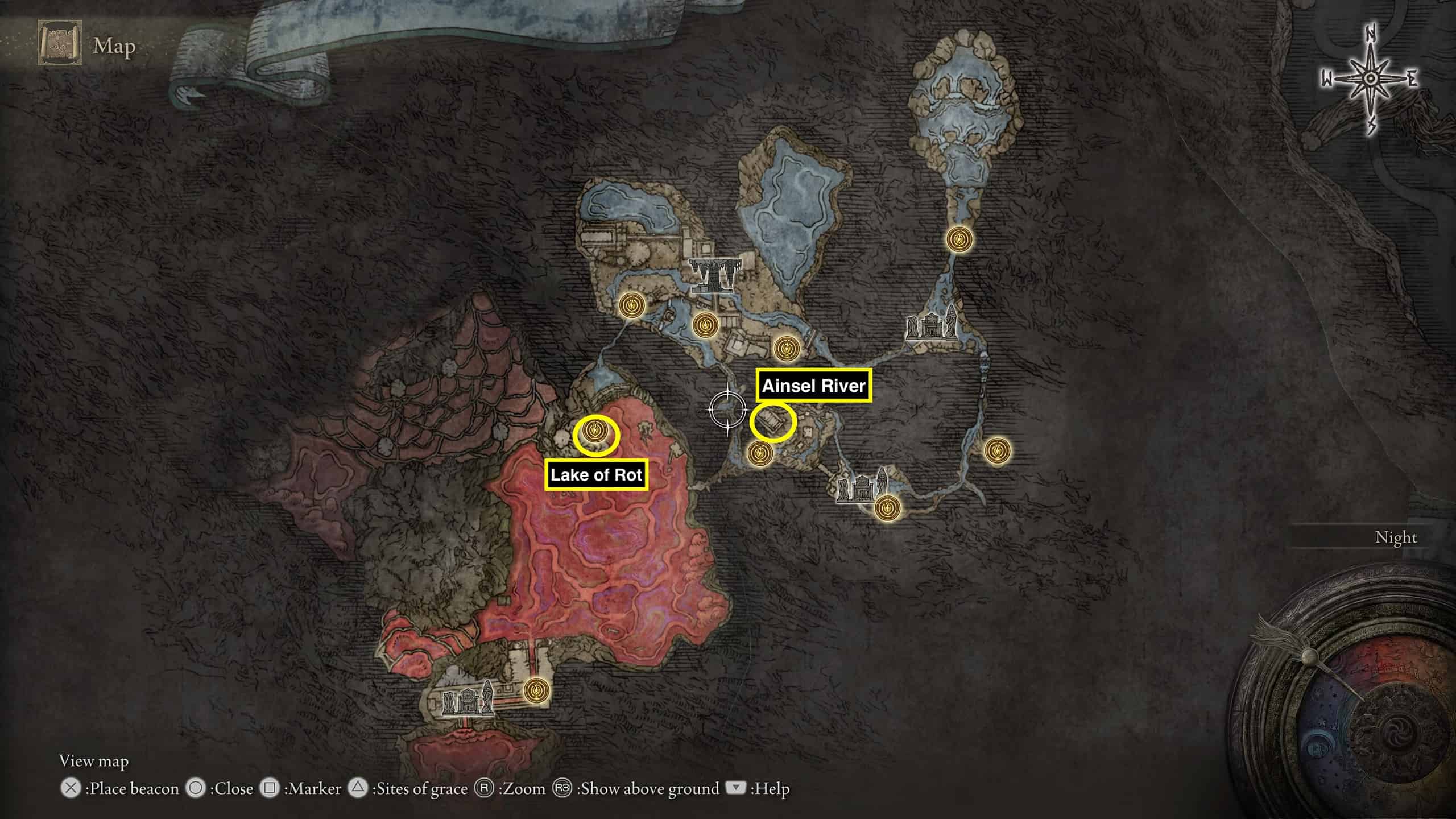 Elden Ring Map fragment: Location of the map fragments circled in yellow.