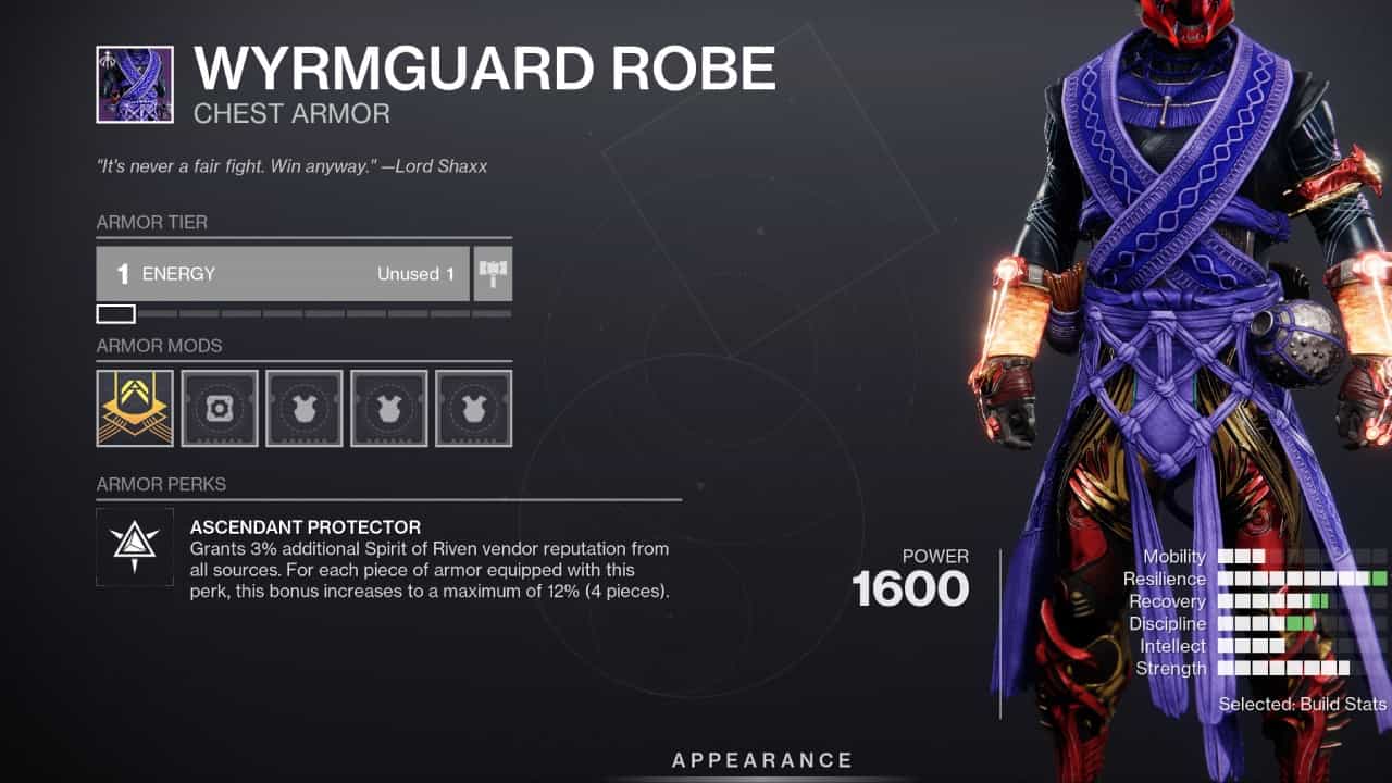 10 ways Destiny 2 can fix its biggest problems: The Wyrmguard robes with their unique armor trait on display.