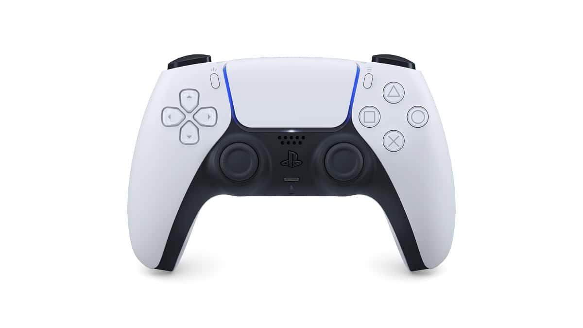 A white and blue controller on a white background showcasing the PlayStation Controller design evolution from 1994.