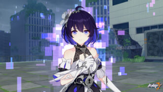 honkai impact 3rd - An anime-style character with short blue hair stands in a futuristic urban setting