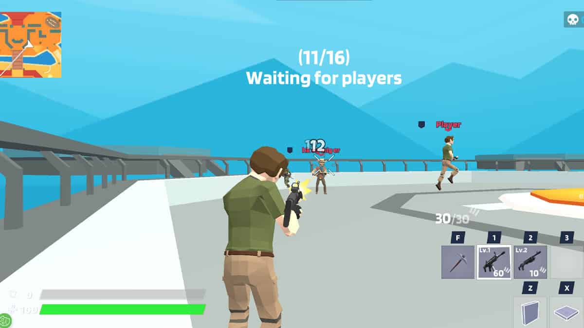 A screenshot of a game with a group of people engaging in multiplayer gameplay, reminiscent of popular games like Fortnite.