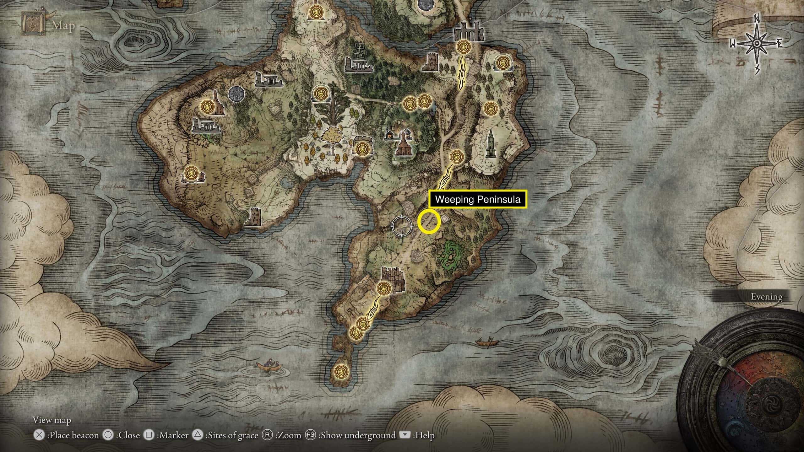 Elden Ring Map fragment: Location of the map fragments circled in yellow.