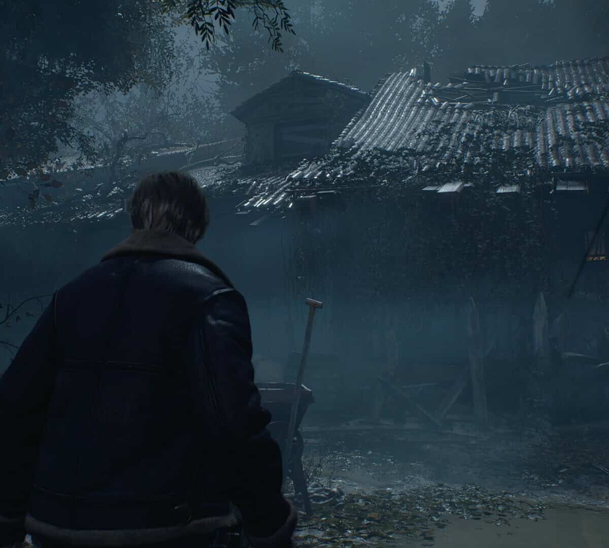 Leon walking towards shack in Resident Evil 4 Remake