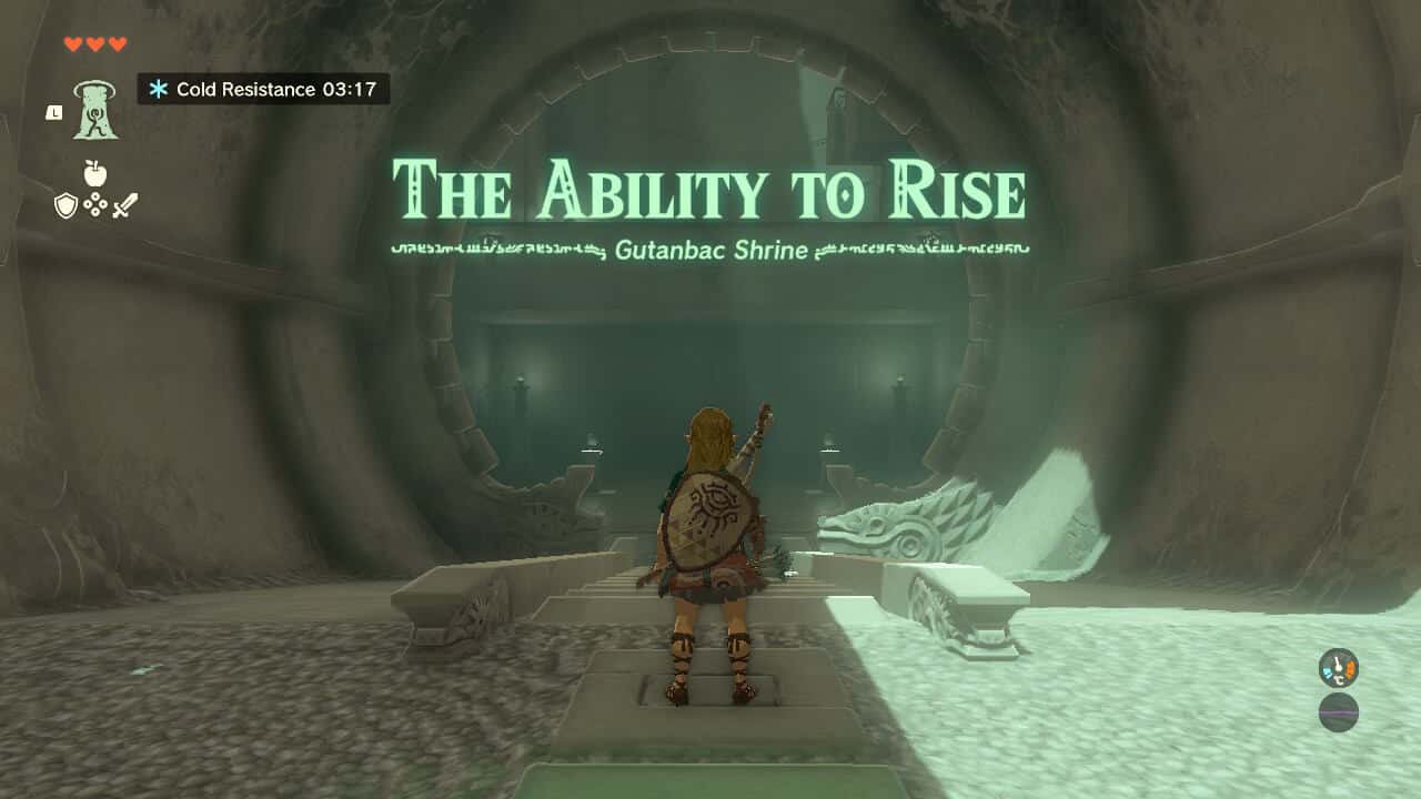 Tears of the Kingdom Gutanbac Shrine: Link standing in a Shrine entrance. A message says "The Ability to Rise: Gutanbac Shrine"