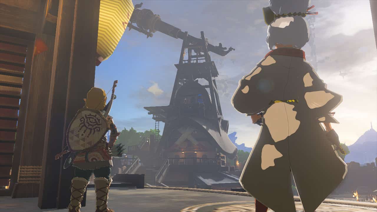 Tears of the Kingdom what to do first: Purah and Link with Lookout Landing in the background.