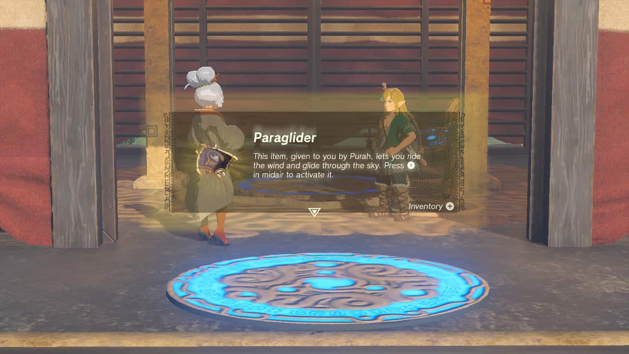 Tears of the Kingdom what to do first: Link receiving the Paraglider from Purah.