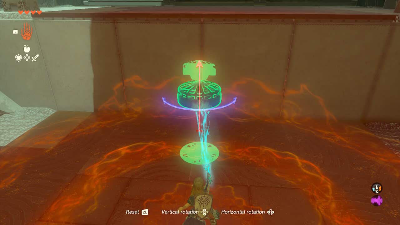Tears of the Kingdom Ishodag Shrine: Link using Ultrahand on a fan.