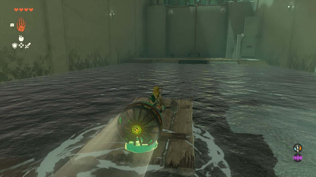 Tears of the Kingdom Ishodag Shrine: Link riding a makeshift boat.