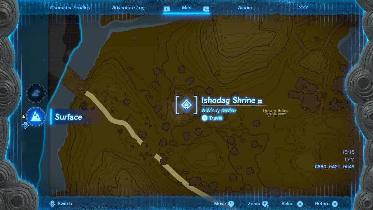 Tears of the Kingdom Ishodag Shrine: The location of the Ishodag Shrine on the TotK map.