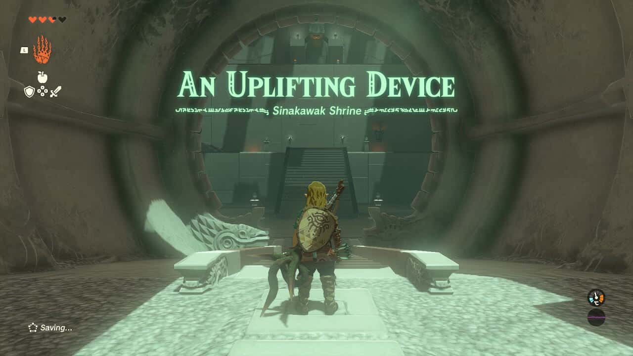 Tears of the Kingdom Sinakawak Shrine: Link standing at a Shrine entrance. A message reads: "An Uplifting Device: Sinakawak Shrine".