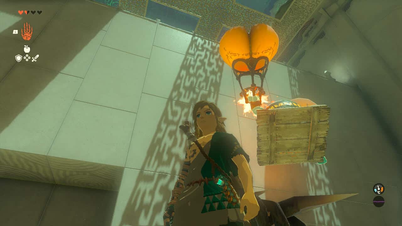 Tears of the Kingdom Sinakawak Shrine:  A hot air balloon lifting a platform with a giant orb on it.