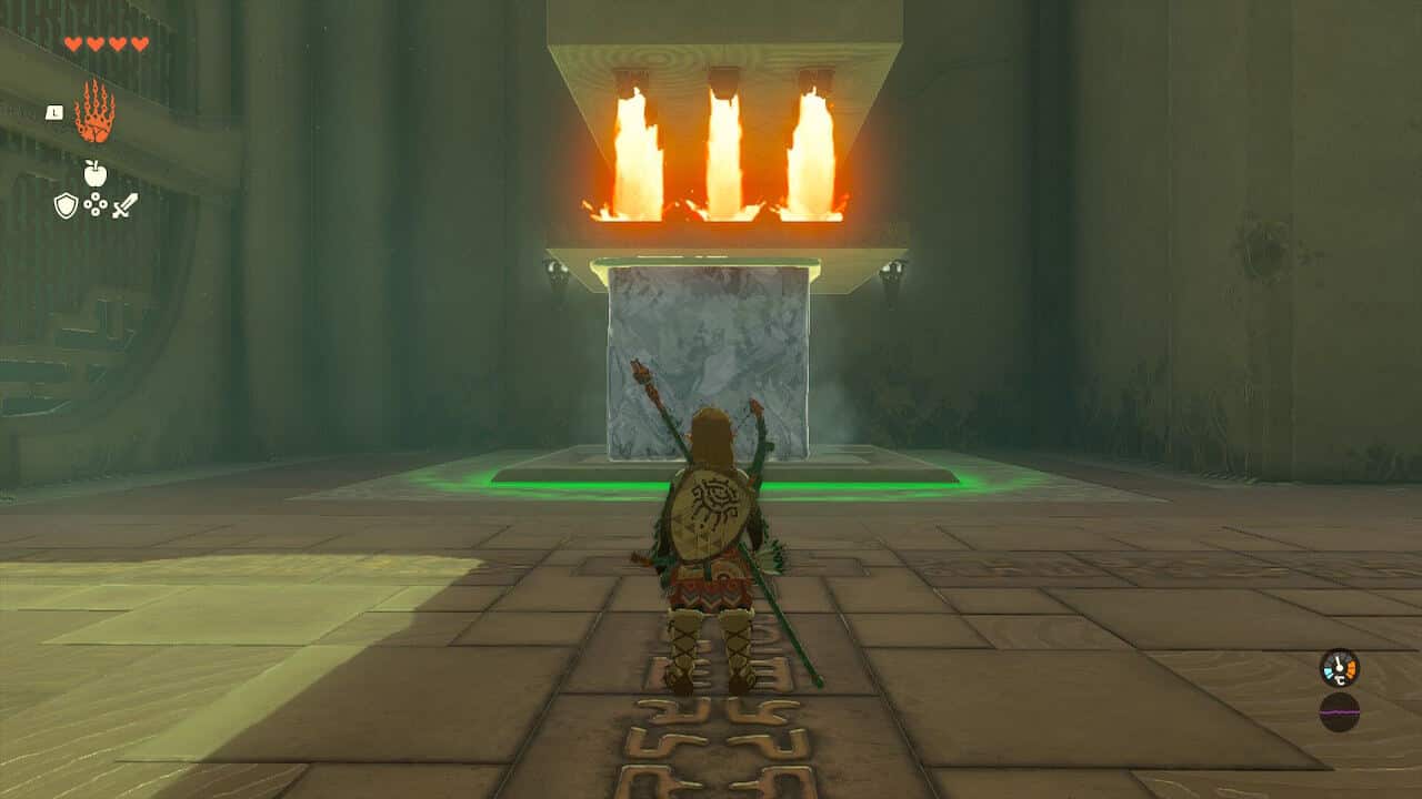 Tears of the Kingdom Kiuyoyou Shrine: A block of ice with a stone slab blocking fire.