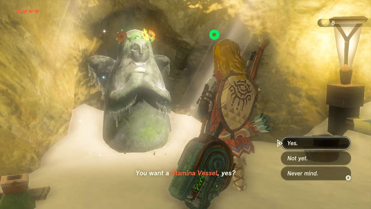 Tears of the Kingdom what to do first: Link talking to a Goddess Statue to receive a Stamina Vessel.
