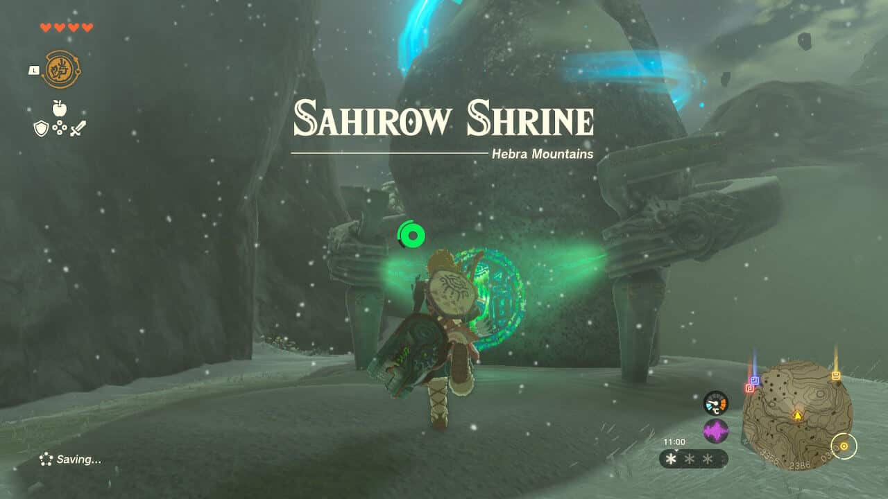 Tears of the Kingdom Sahirow Shrine: Link running up to a Shrine. A message reads: "Sahirow Shrine - Hebra Mountains".