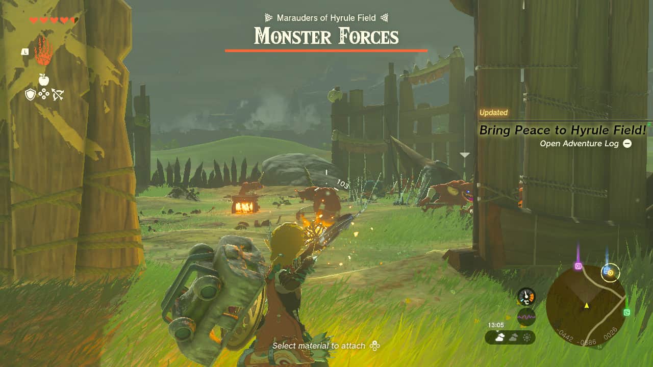 Tears of the Kingdom what to do first: Link preparing to shoot a fire arrow at a group of Bokoblins.