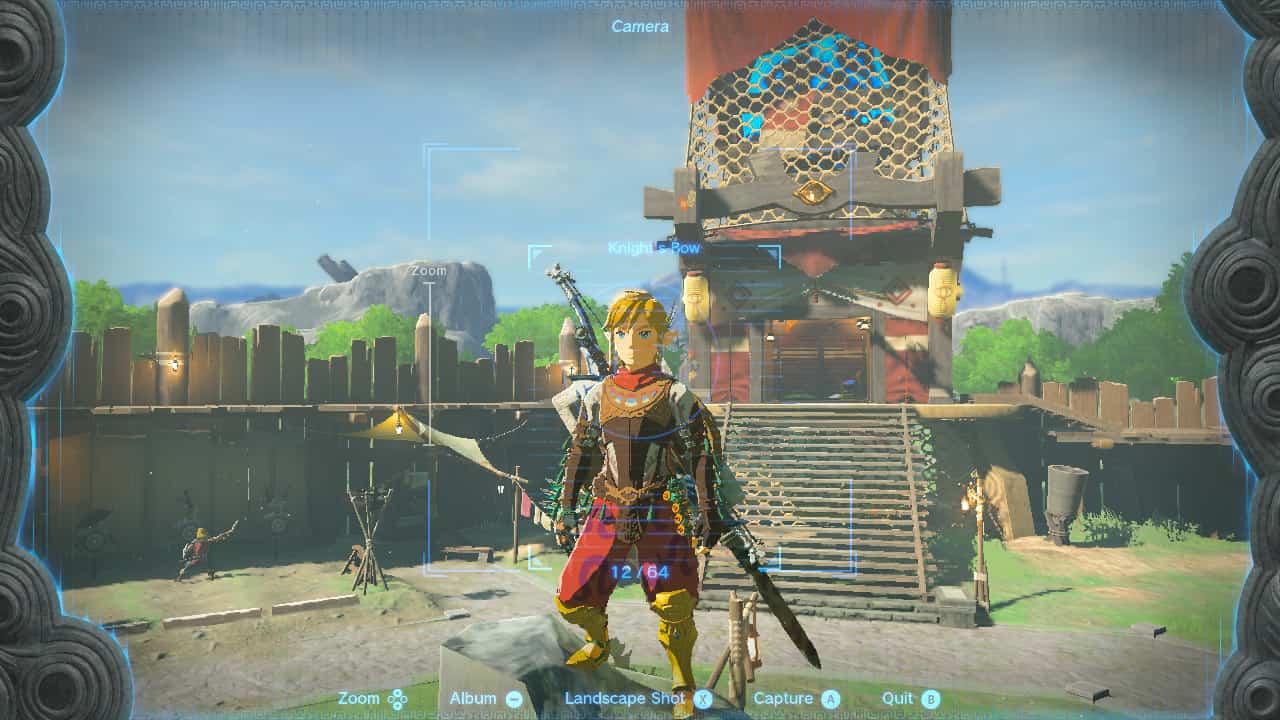 Tears of the Kingdom what to do first: Link taking a picture of himself in front of the Lookout Landing Skyview Tower.