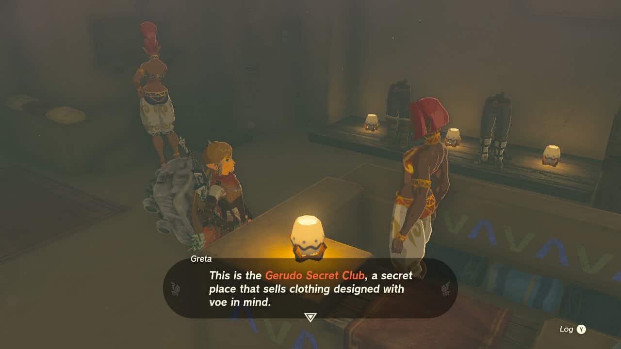 Tears of the Kingdom Gerudo Secret Club: Link talking to a Gerudo named Greta. She says "This is the Gerudo Secret Club, a secret place that sells clothing designed with voe in mind".