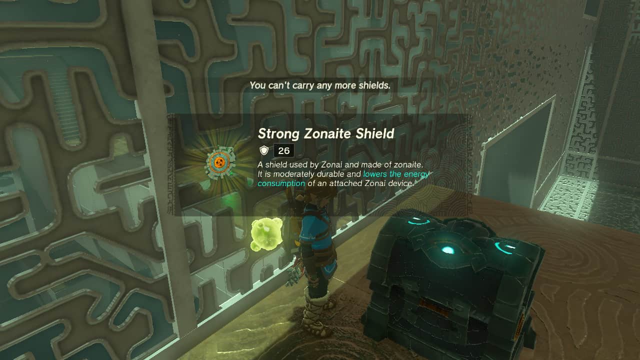 Tears of the Kingdom Domizuin Shrine: Link opening a chest and receiving a Strong Zonaite Shield.
