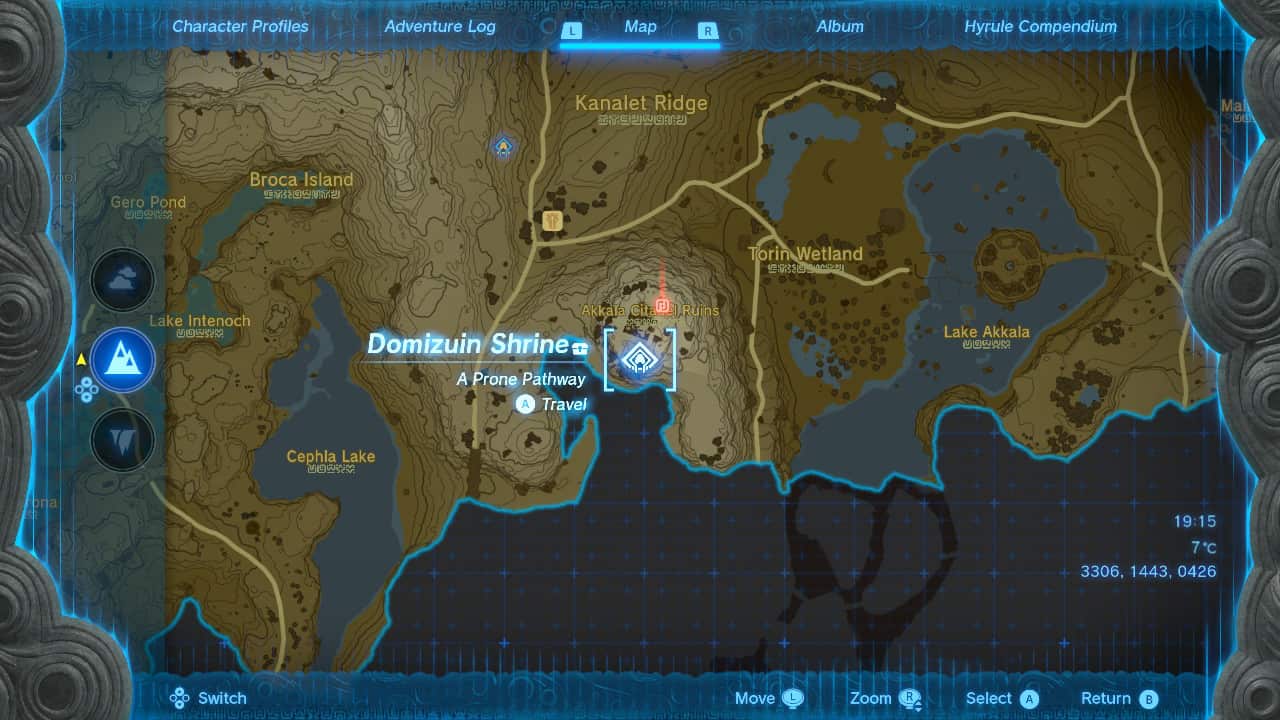Tears of the Kingdom Domizuin Shrine: The location of the Domizuin Shrine on a map of Hyrule.