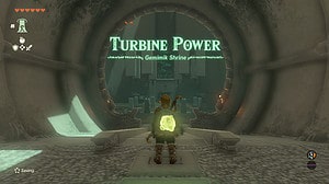 Tears of the Kingdom Gemimik Shrine: Link at a Shrine entrance. The text reads: "Turbine Power - Gemimik Shrine"