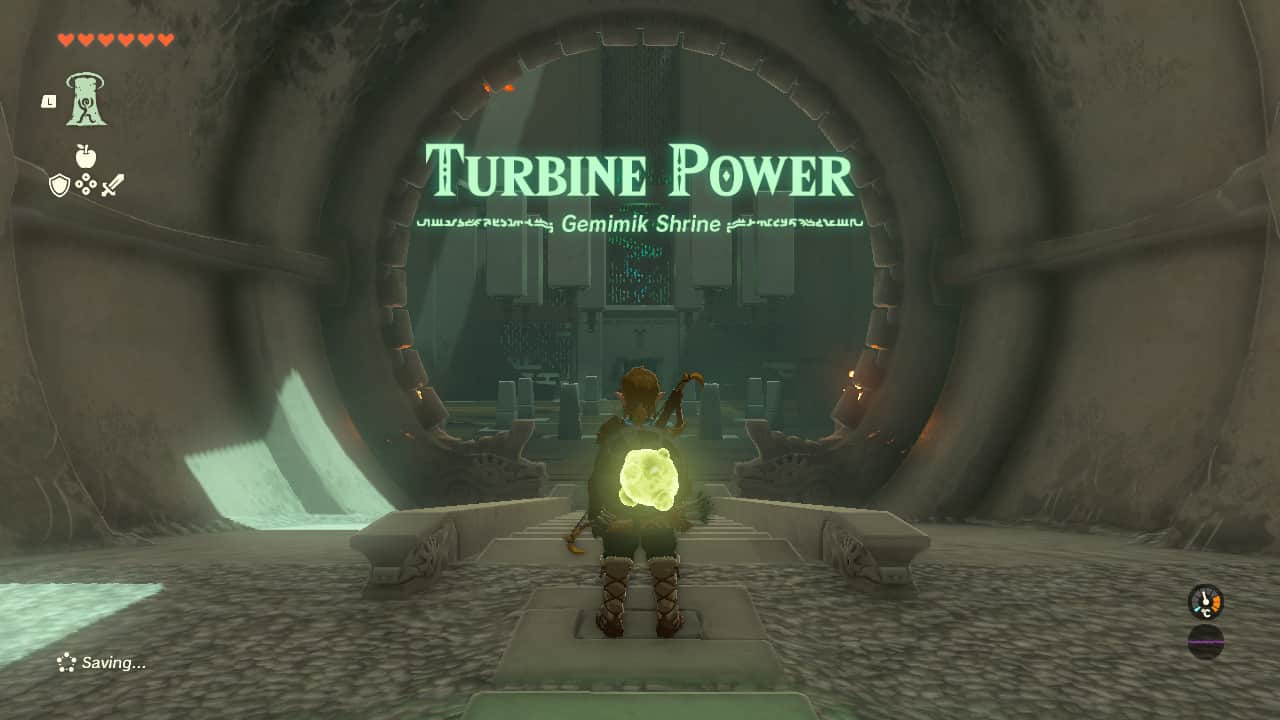 Tears of the Kingdom Gemimik Shrine: Link at a Shrine entrance. The text reads: "Turbine Power - Gemimik Shrine"