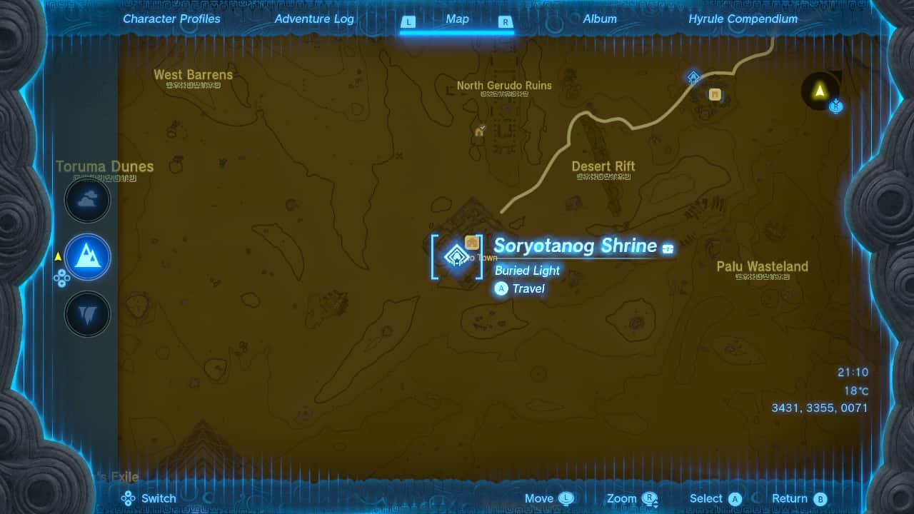 Tears of the Kingdom Soryotanog Shrine: The location of the Soryotanog Shrine on a map of Hyrule.