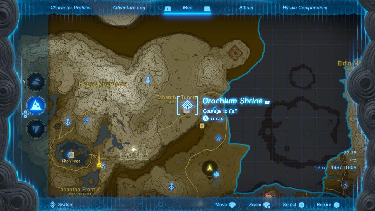 Tears of the Kingdom Orochium Shrine: The location of the Orochium Shrine on a map of Hyrule.