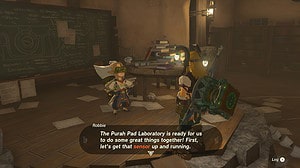 Tears of the Kingdom Shrine Sensor: Link talking to Robbie in a room littered with paper and books. The text reads: "The Purah Pad Laboratory is ready for us to do some great things together! Firstly let's get that sensor up and running."
