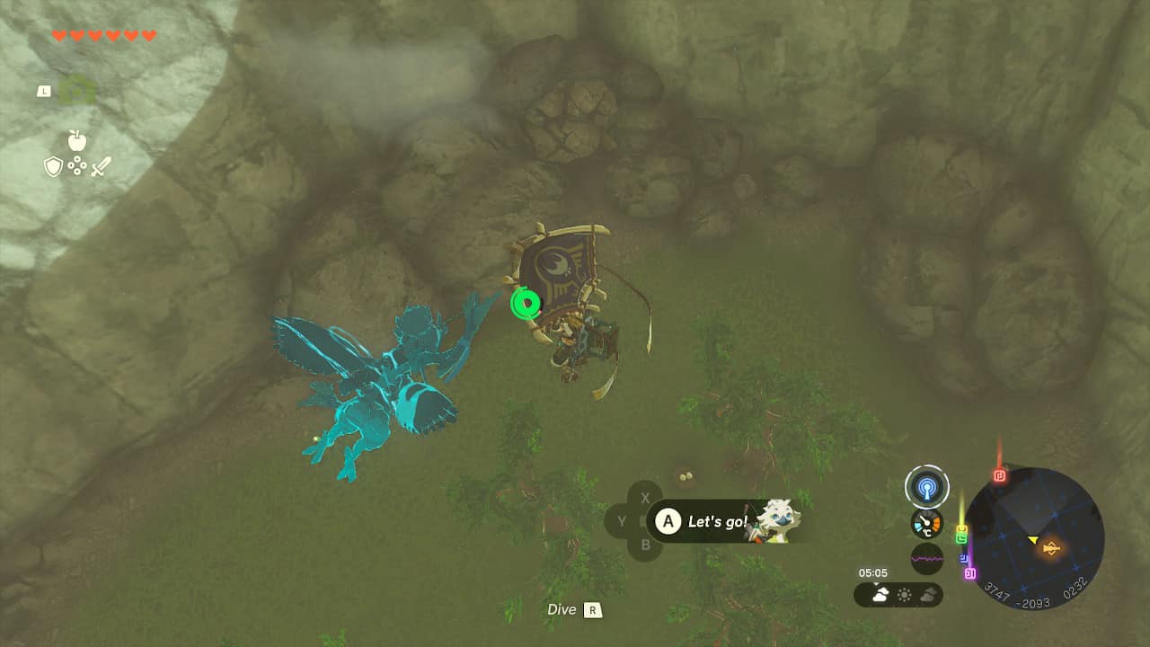 Tears of the Kingdom Shrine Sensor: Link gliding above some trees and breakable rocks below him.