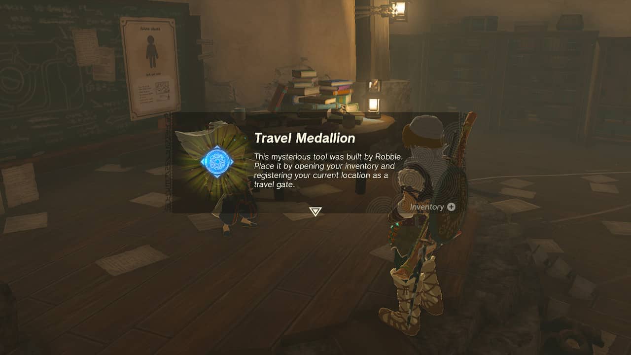 Tears of the Kingdom Travel Medallion: Link receives the Travel Medallion from Robbie. The text reads: "This mysterious tool was built by Robbie. Place it by opening your inventory and registering your current location as a travel gate."