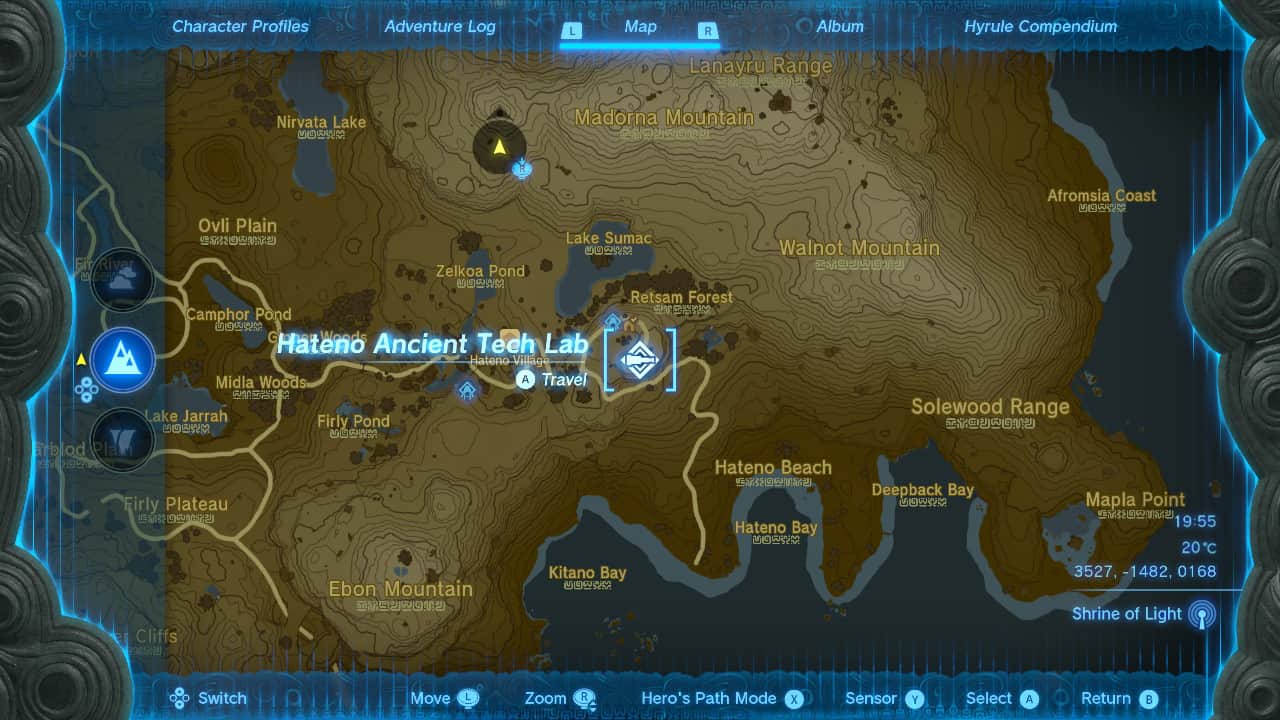 Tears of the Kingdom Travel Medallion: The location of the Hateno Ancient Tech Lab on a map of Hyrule.