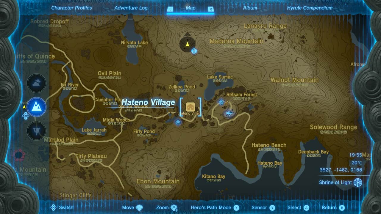 Tears of the Kingdom Shrine Sensor: The location of Hateno Village on a map of Hyrule.