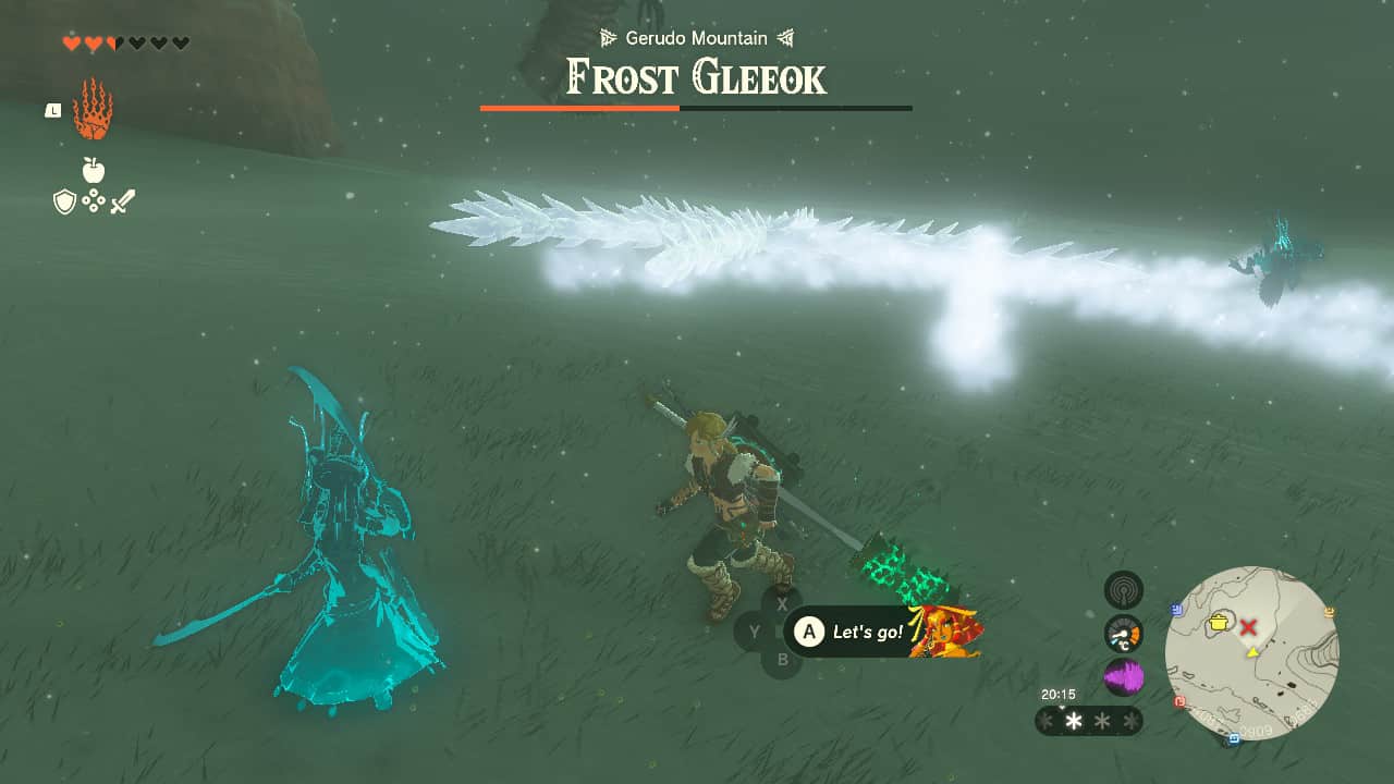 Tears of the Kingdom Frost Gleeok: Link standing near an ice attack from a Frost Gleeok.