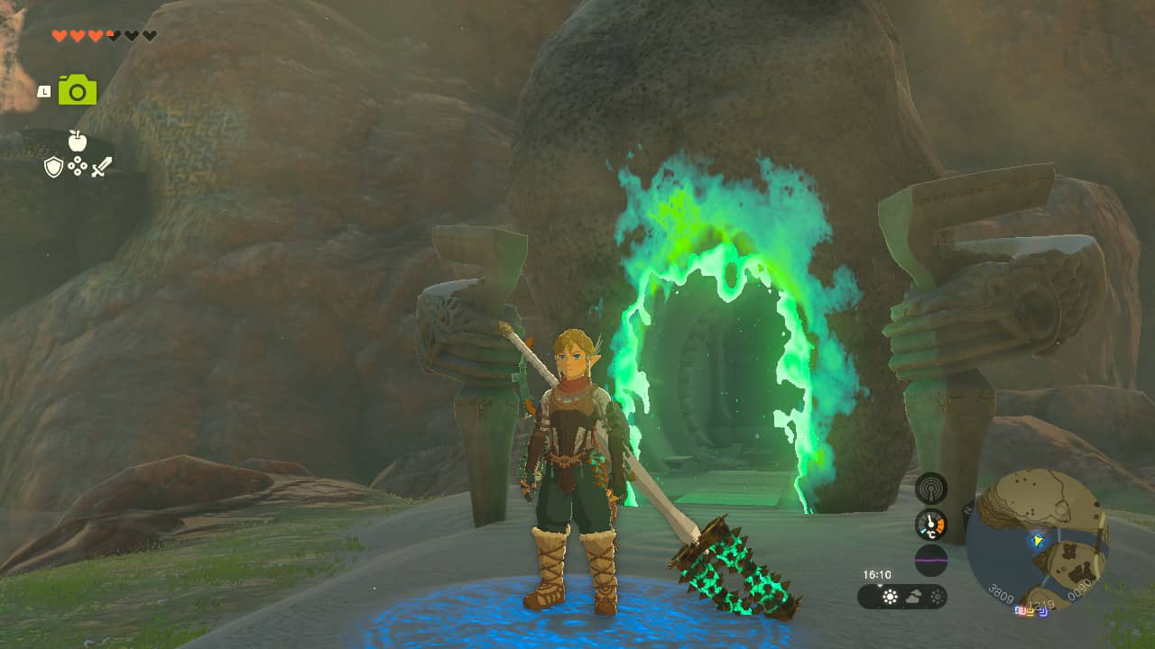 Tears of the Kingdom diamonds: Link standing outside an open Shrine.