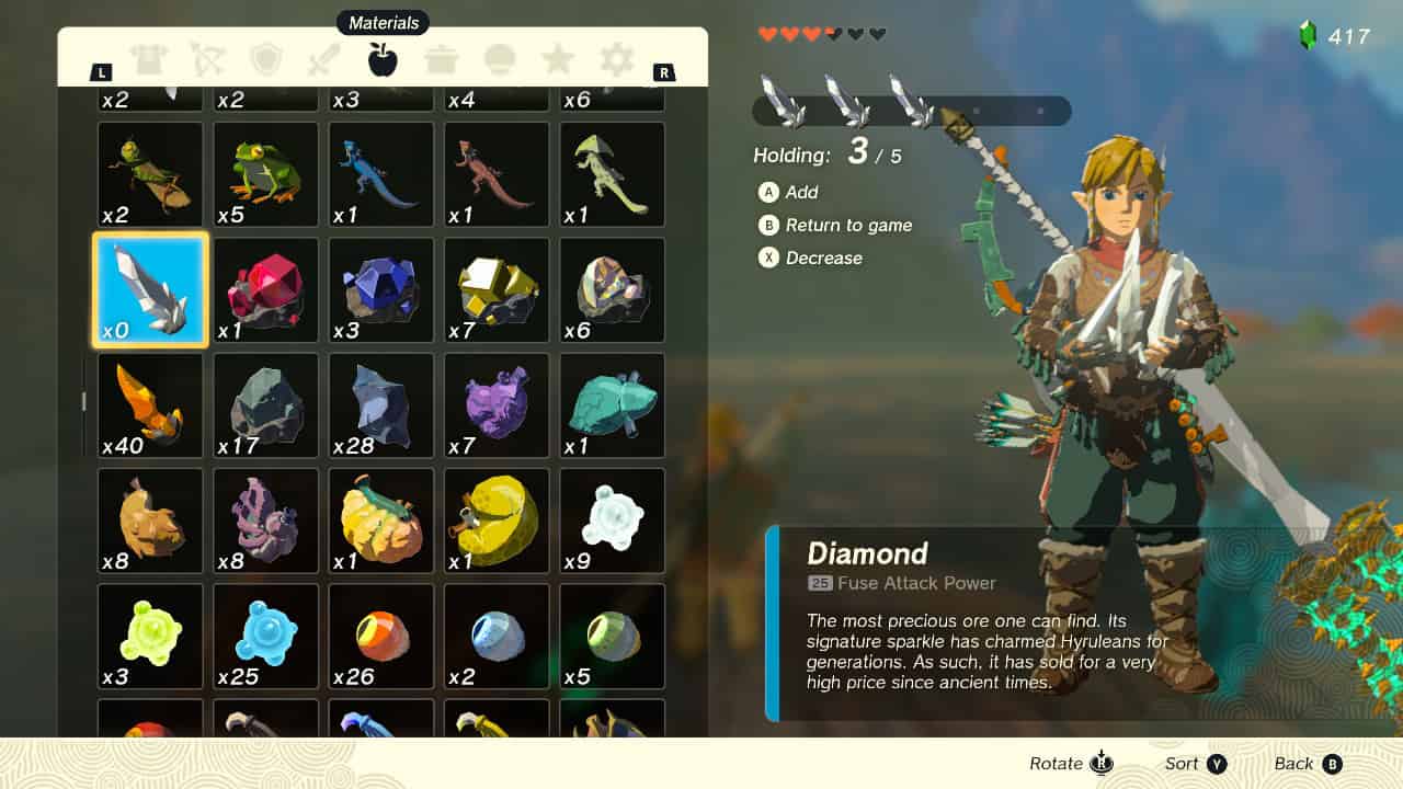 Tears of the Kingdom diamonds: Link holding three diamonds in his inventory.