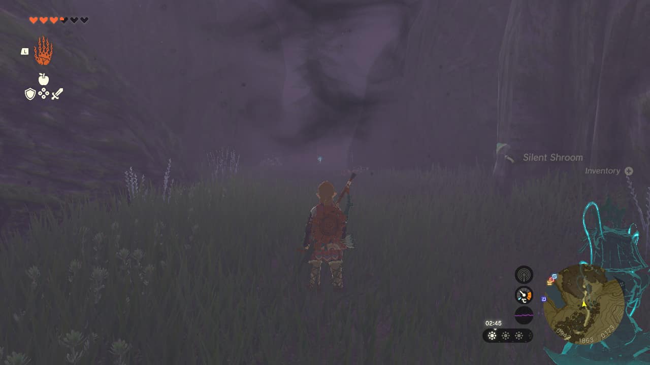 Tears of the Kingdom Lost Woods: Link standing at the entrance to the lost woods. A dense purple fog hangs all around.