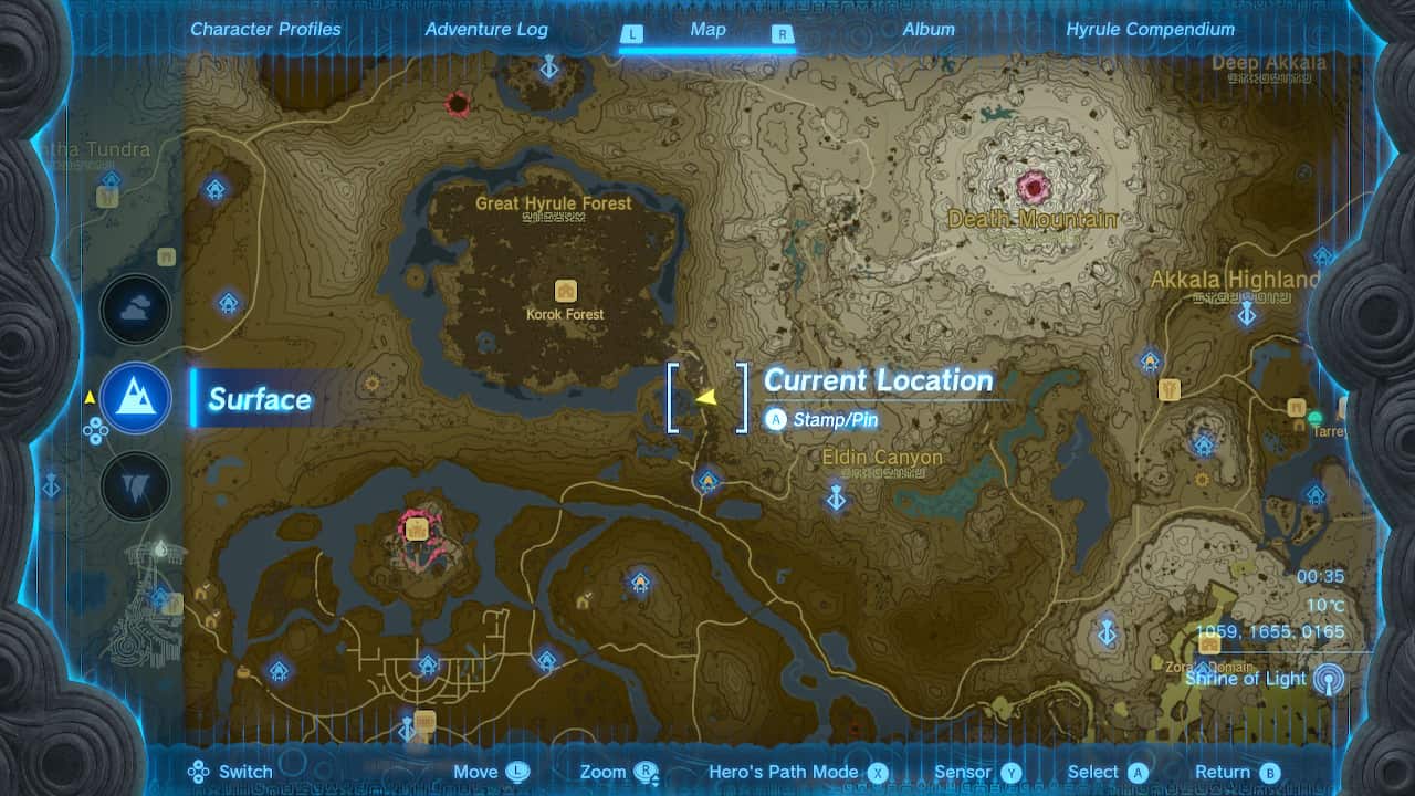 Tears of the Kingdom Lost Woods: The location of the Minshi Woods Chasm on a map of Hyrule.