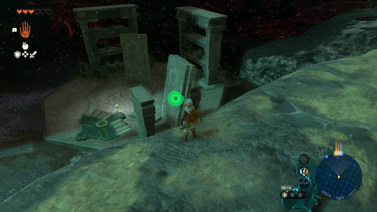 Tears of the Kingdom Lost Woods: Link overlooking a collection of Zonai Devices and stone slabs.