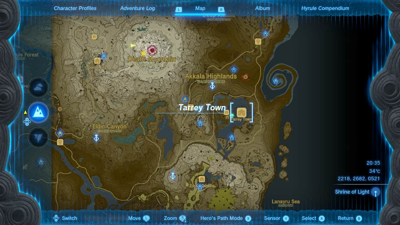 Tears of the Kingdom Tarrey Town: The location of Tarrey Town on a map of Hyrule.