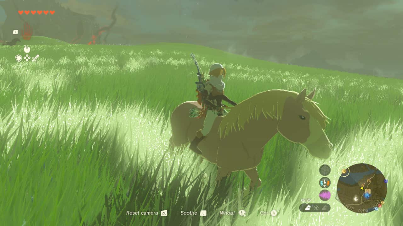 Tears of the Kingdom best horses: Link riding a brown horse in a large grassy field with white markings.
