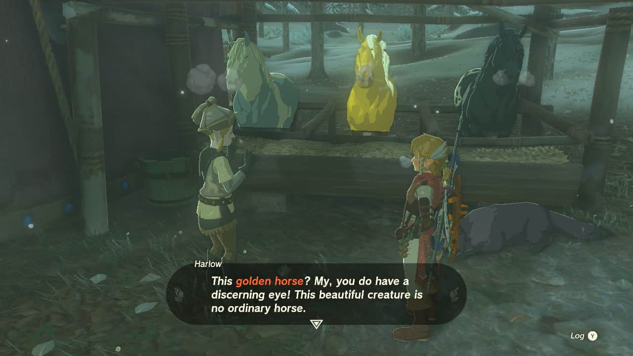 Tears of the Kingdom best horses: Link in front of three horses at a stable, with the golden horse in the middle. Text reads: "This golden horse? My, you do have a discerning eye! This beautiful creature is no ordinary horse."