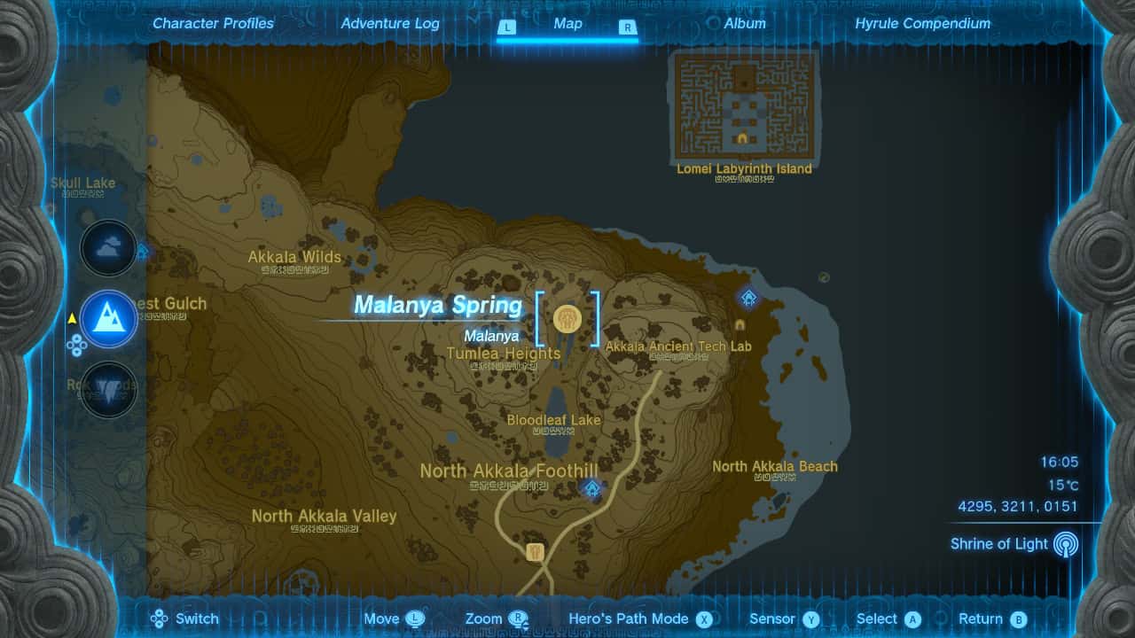 Tears of the Kingdom best horses: The location of the Horse God Malanya on a map of Hyrule.