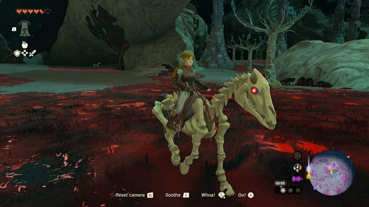 Tears of the Kingdom best horses: Link riding a Stalhorse in the Depths.