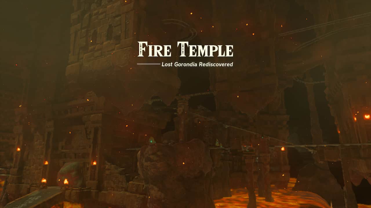 Tears of the Kingdom Fire Temple: A wide-shot of the temple. Text reads: "Fire Temple - Lost Gorondia Rediscovered"