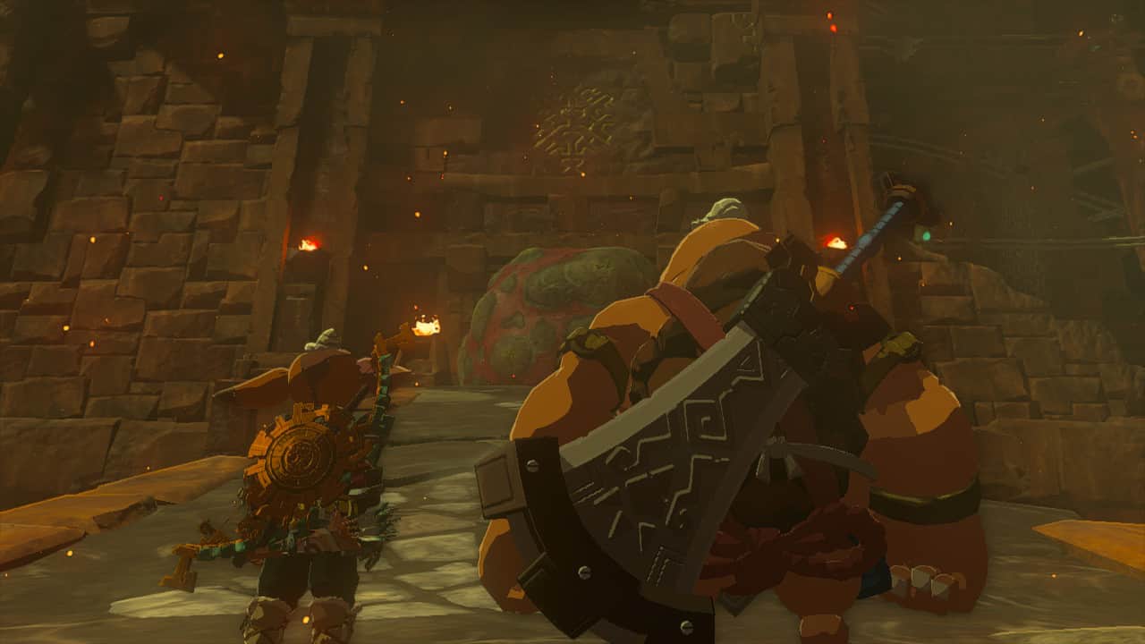 Tears of the Kingdom Fire Temple: Link and Yunobo standing in front of the temple's entrance.