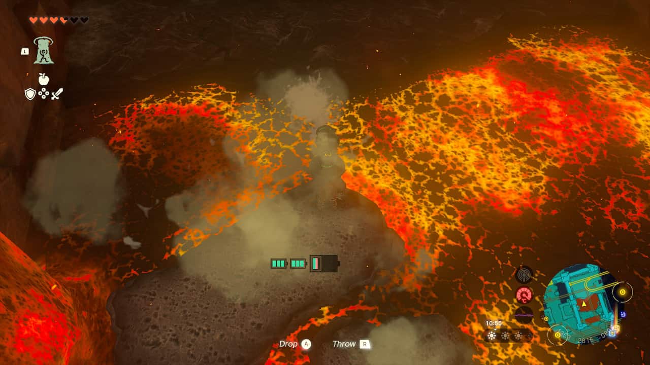 Tears of the Kingdom Fire Temple: Link walking over stone slabs in a stream of lava.